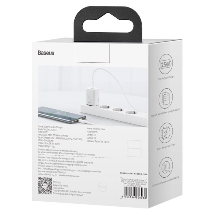 Baseus polnilec Super Si PD 25W 1x Type-C in USB-C kabel bel