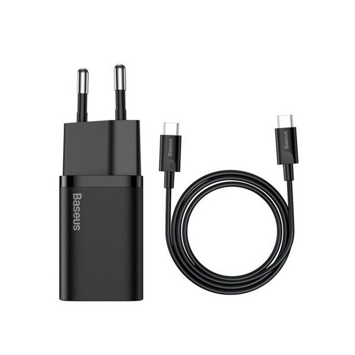 Baseus polnilec Super Si PD 25W 1x Type-C in USB-C kabel črn
