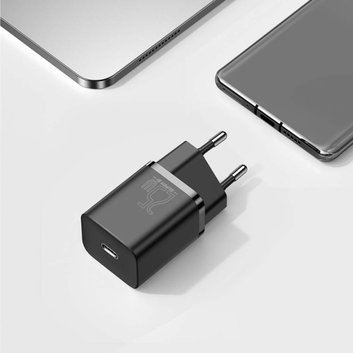 Baseus polnilec Super Si PD 25W 1x Type-C in USB-C kabel črn
