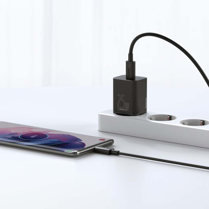 Baseus polnilec Super Si PD 25W 1x Type-C in USB-C kabel črn