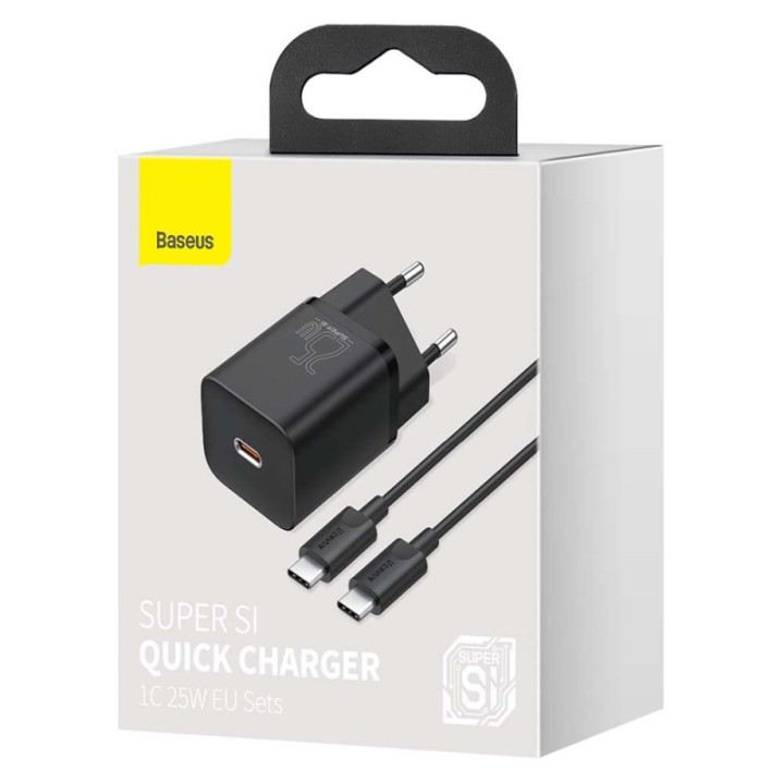 Baseus polnilec Super Si PD 25W 1x Type-C in USB-C kabel črn