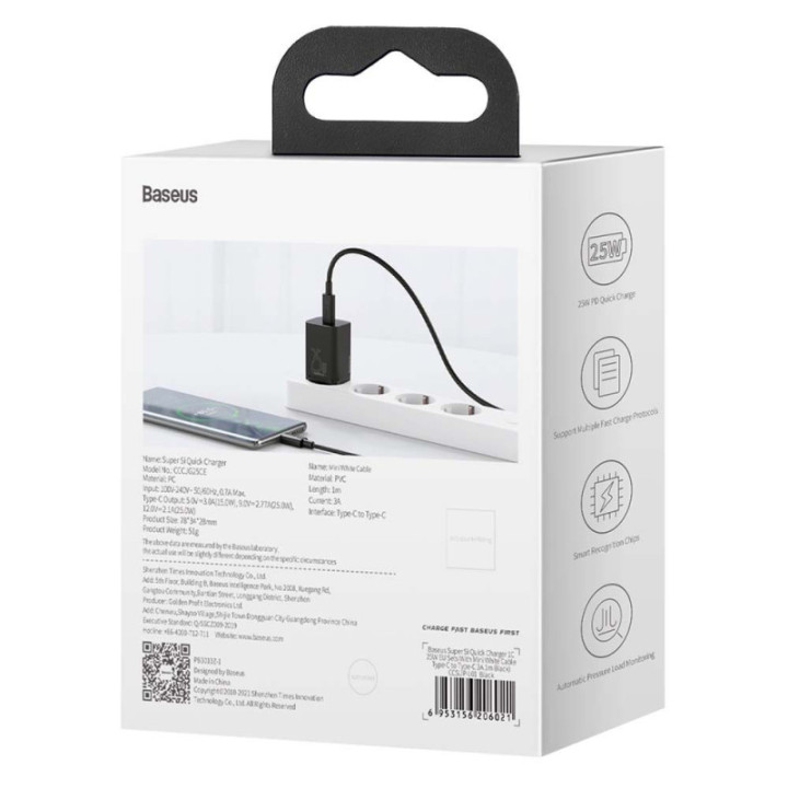 Baseus polnilec Super Si PD 25W 1x Type-C in USB-C kabel črn