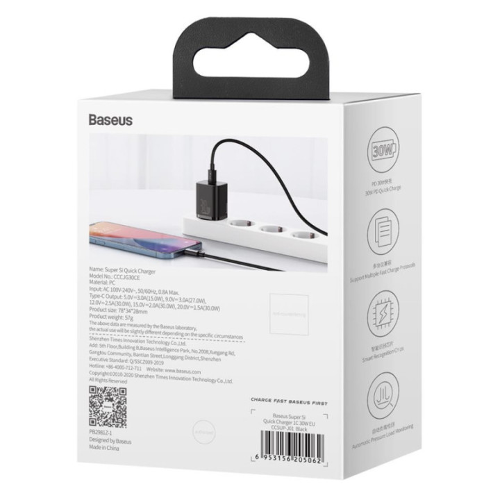Baseus polnilec Super Si PD 30W 1x Type-C črn